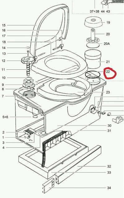 Diagram of where the Thetford SC234 Cassette O-Ring should be places (above the manual flush pump and below the toilet roll holder)